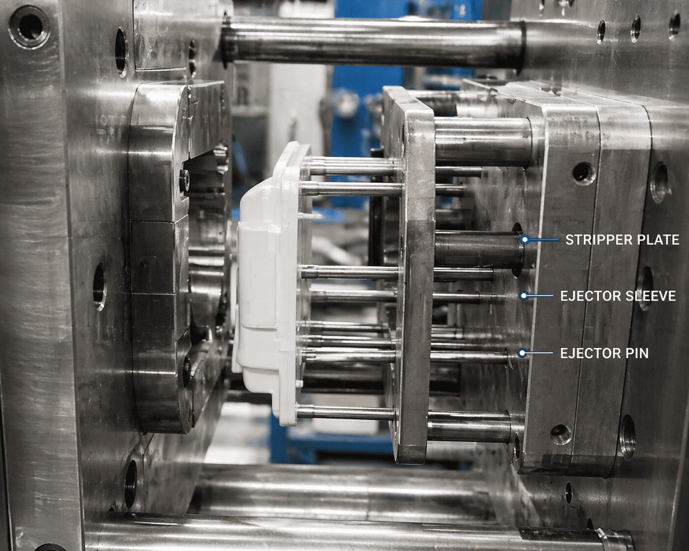 Injection mould ejection system components.