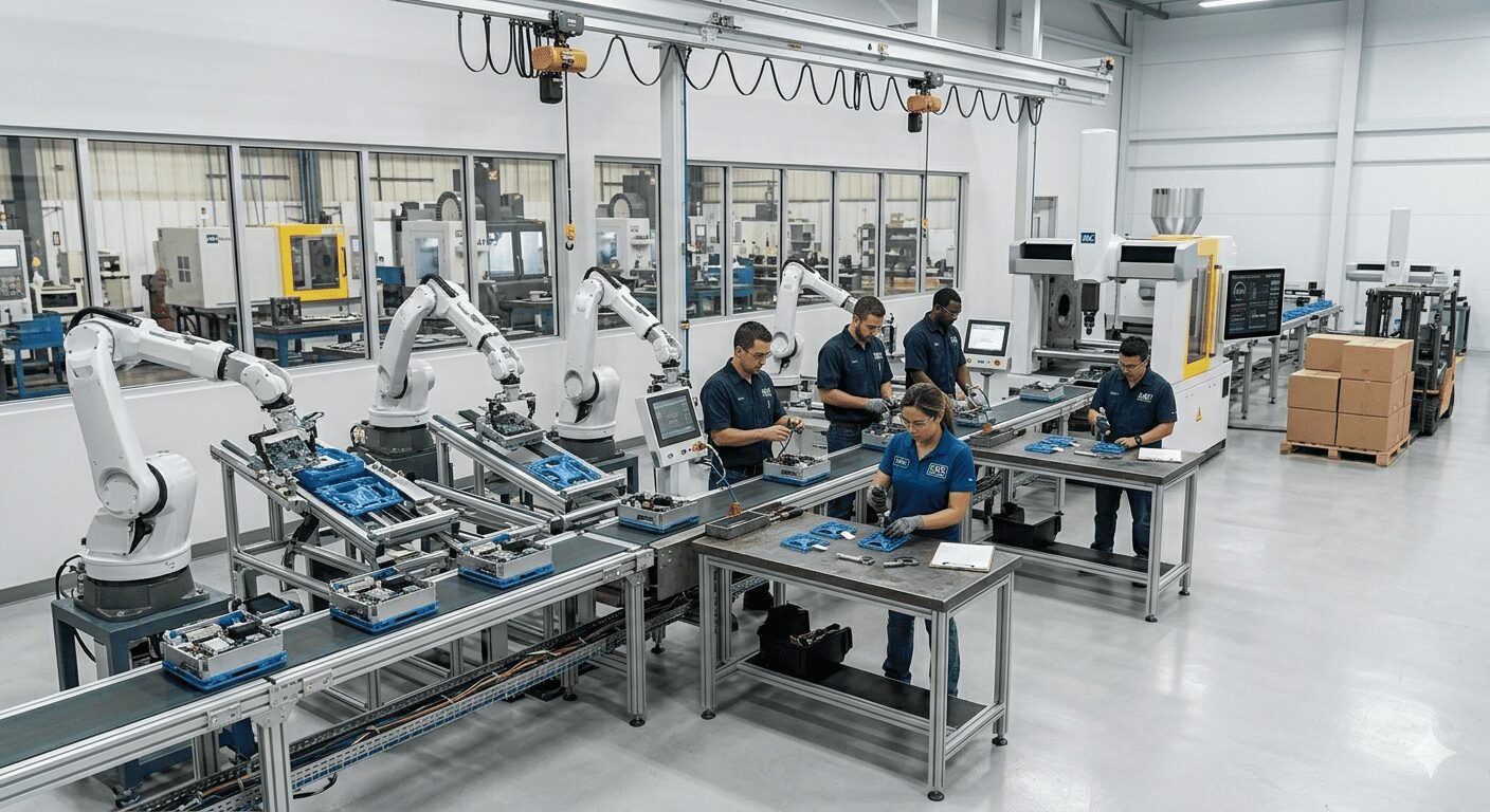 Plastic parts being assembled into final product housing.