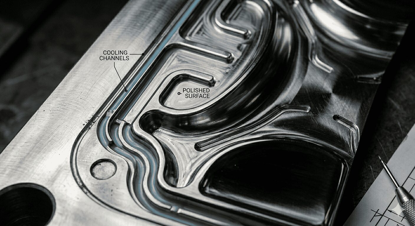 Close-up of steel injection mould cavity.