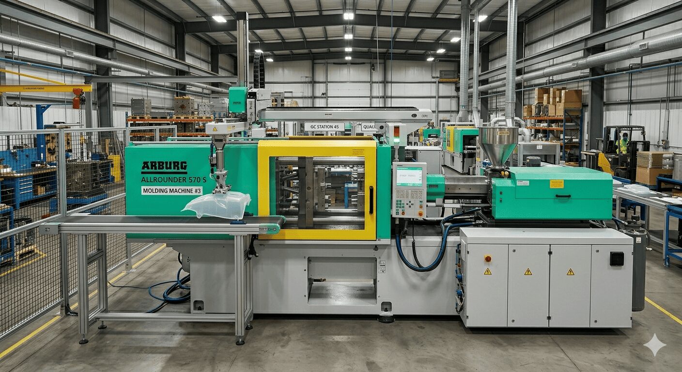 A plastic injection moulding machine. 