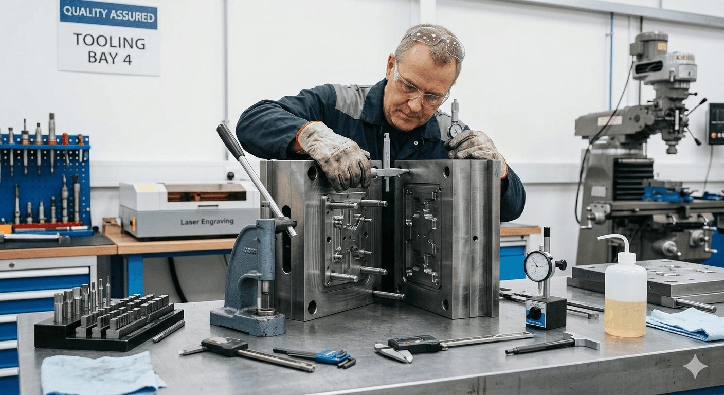 Skilled technician assembling injection mould components on a workbench.