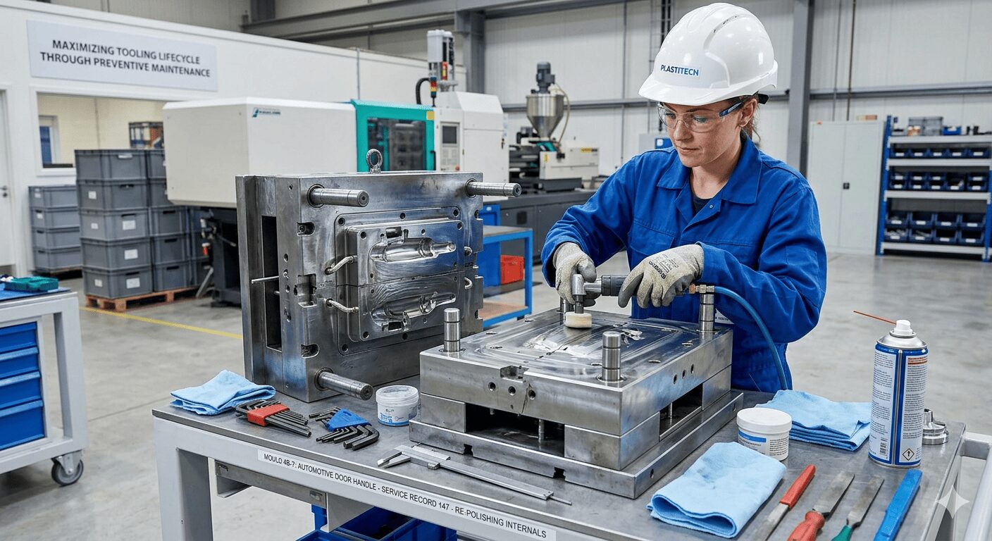 Maintenance technician polishing and servicing injection mould.