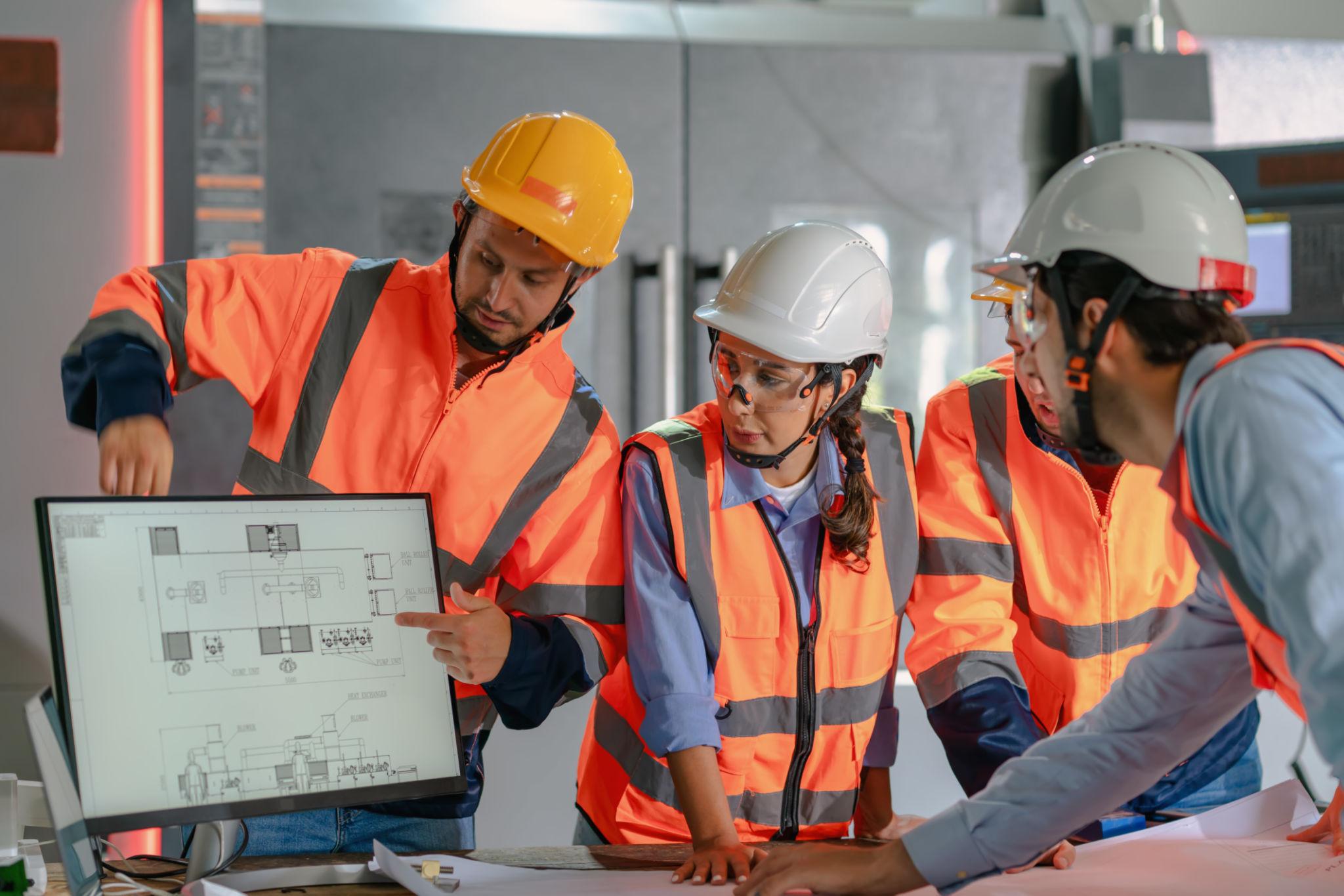 Blueprints and Innovation: Strategic Business Meeting in a Manufacturing Workshop.