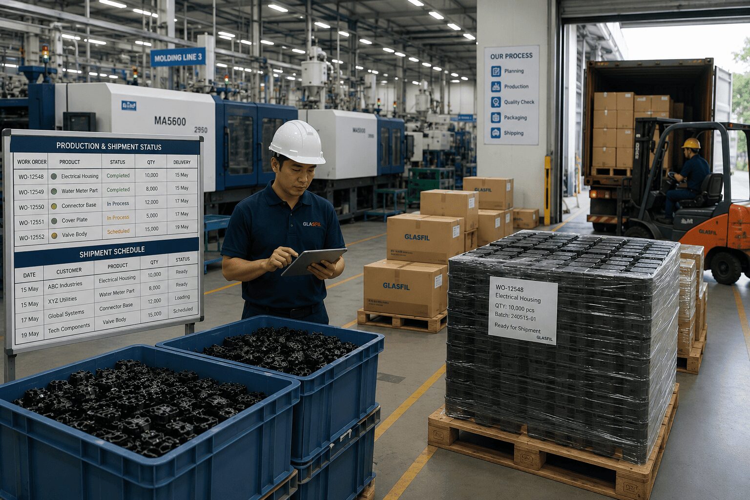 Logistics and production coordination inside injection moulding factory.