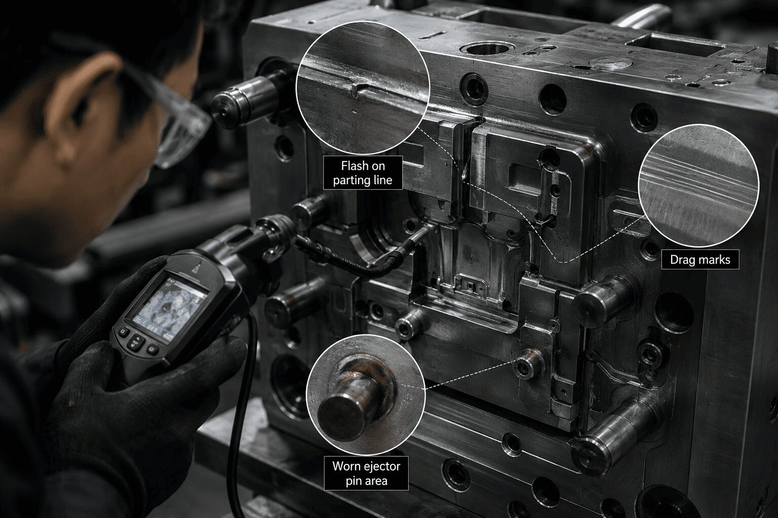 High-detail injection mould with subtle early warning defects visible.