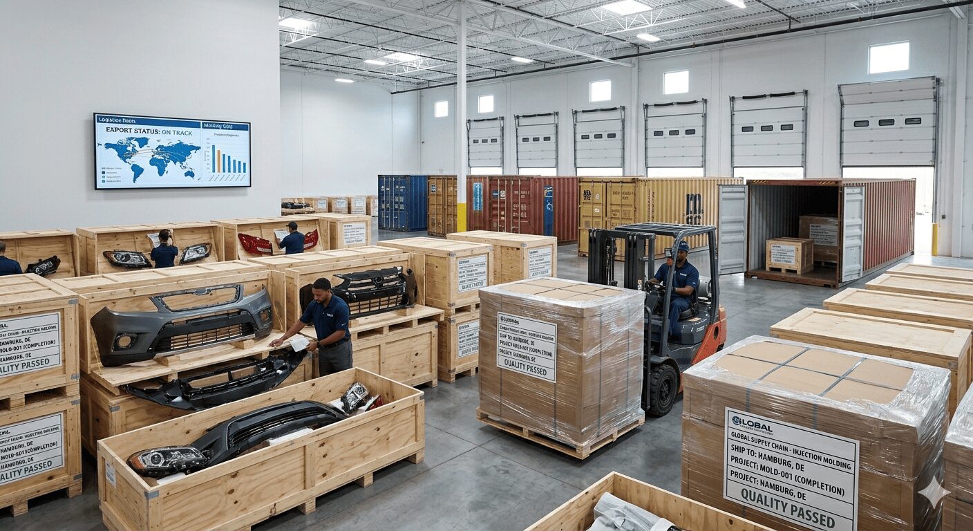 Injection moulded plastic products prepared for international shipment in export packaging area.