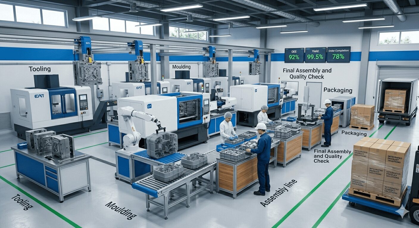 Contract manufacturing workflow from tooling to moulding to assembly and packaging shown in one integrated factory environment, end-to-end production system visualization.