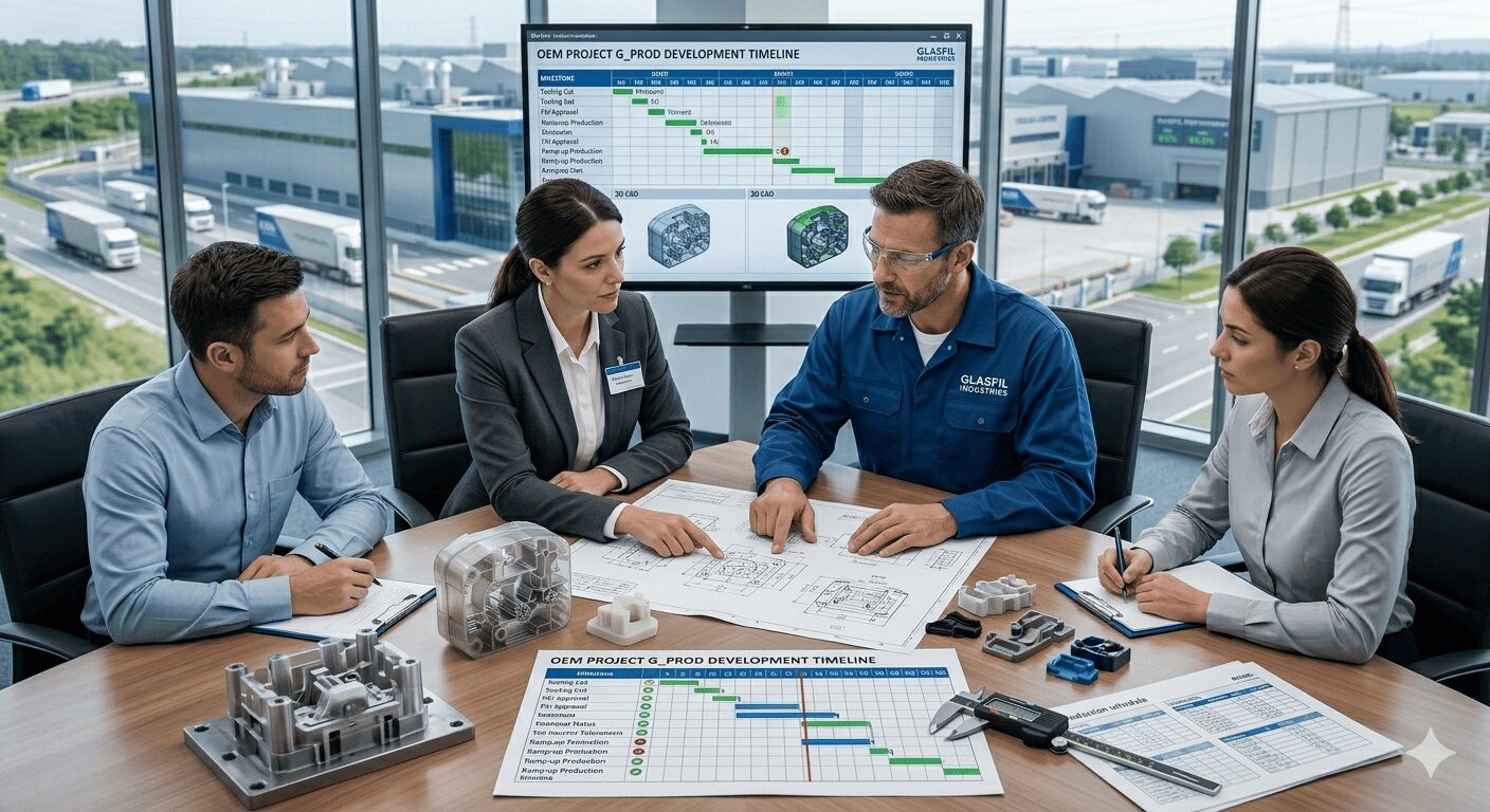 Product development timeline discussion between OEM client and contract manufacturer.