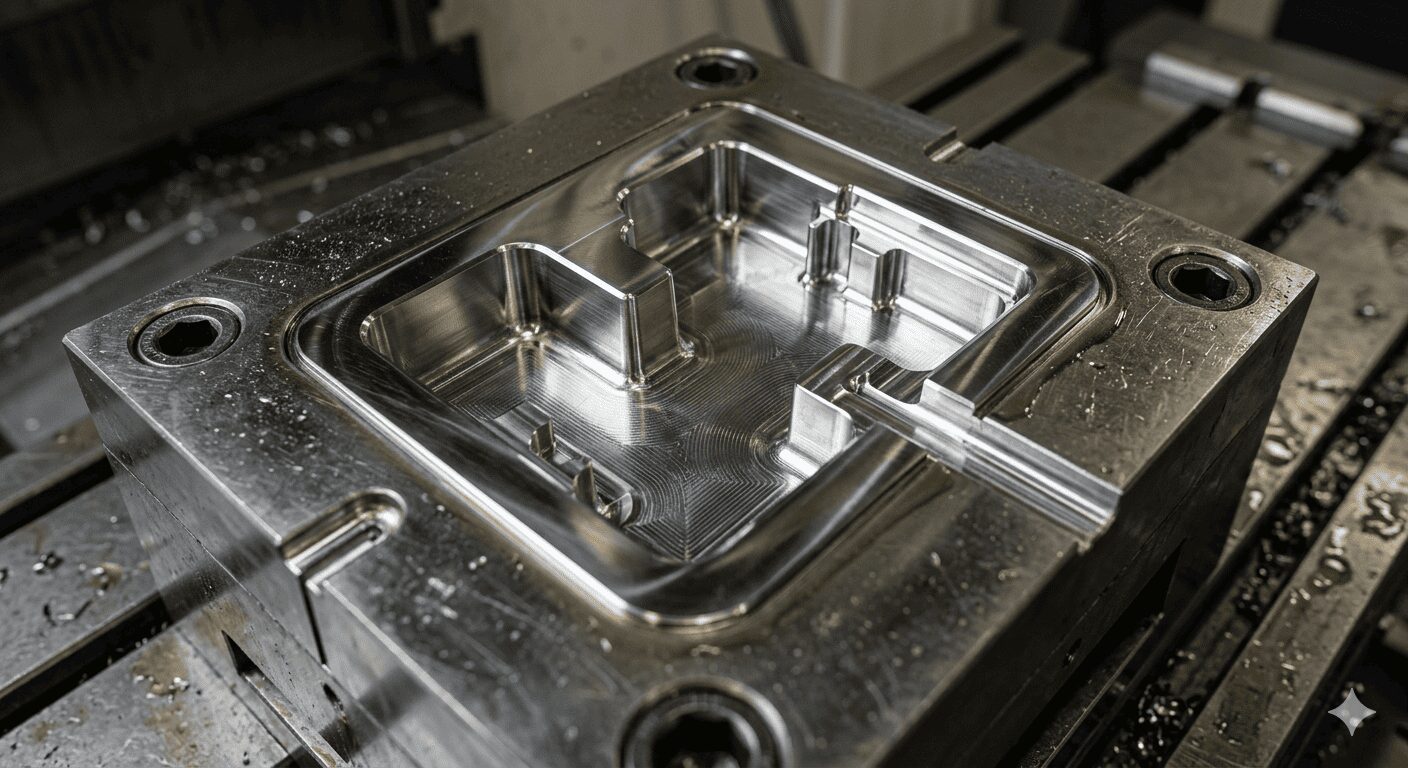 Close-up of a CNC-machined steel injection mould cavity.