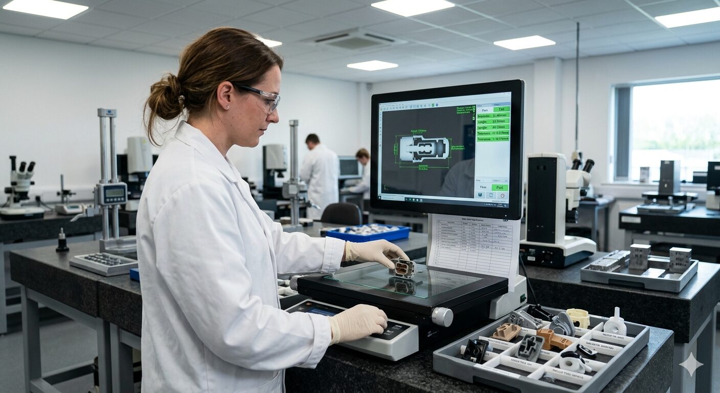 Engineer analysing mould trial samples with digital measuring equipment.