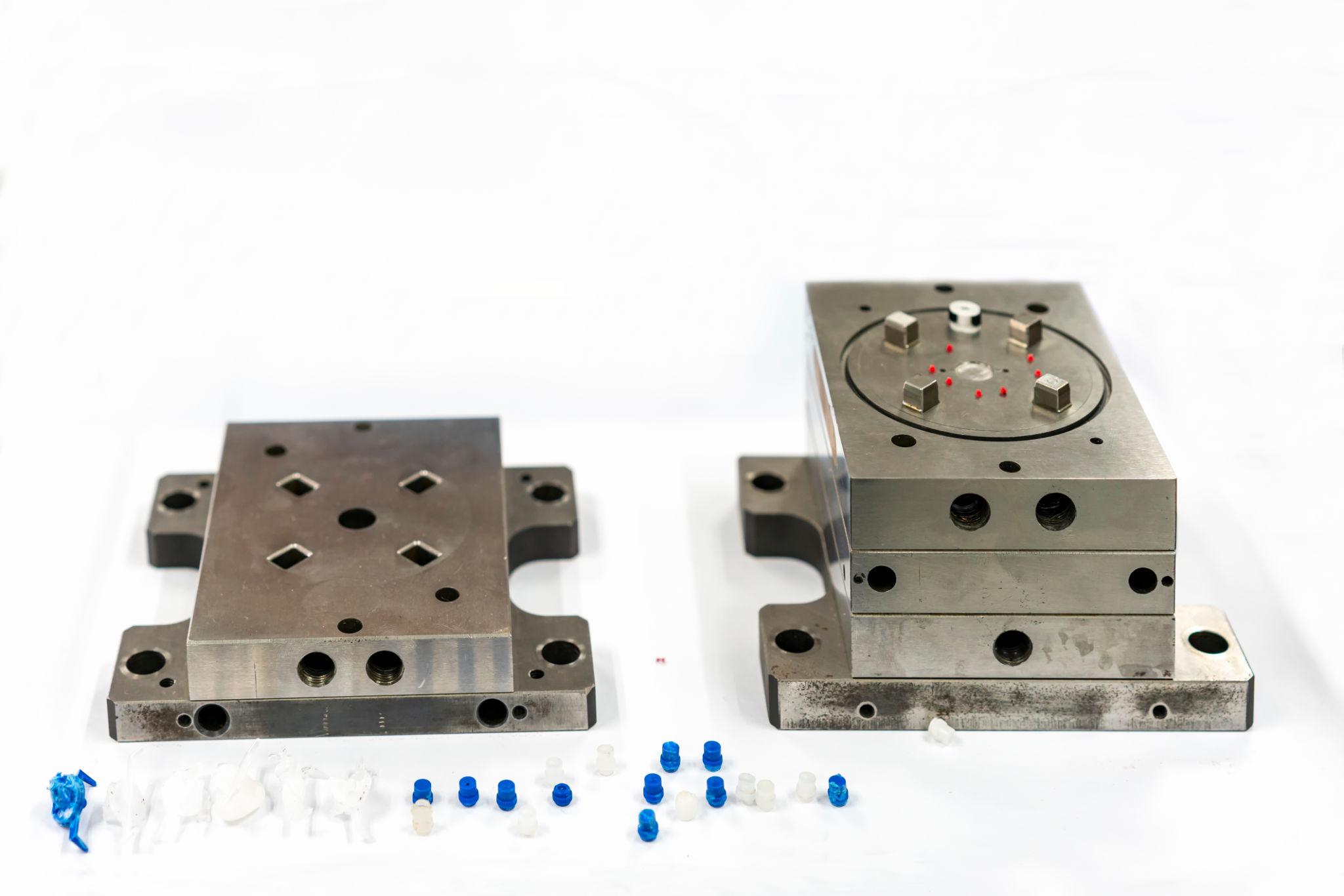 Plastic injection metal mold production from manufacture by high precision and quality cnc machining center material made from steel with plastic sample part.