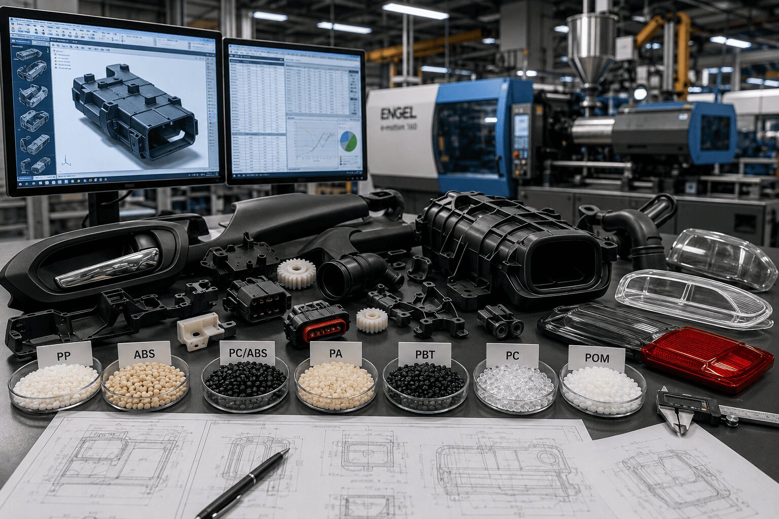 Industrial manufacturing workspace with parts and machinery.