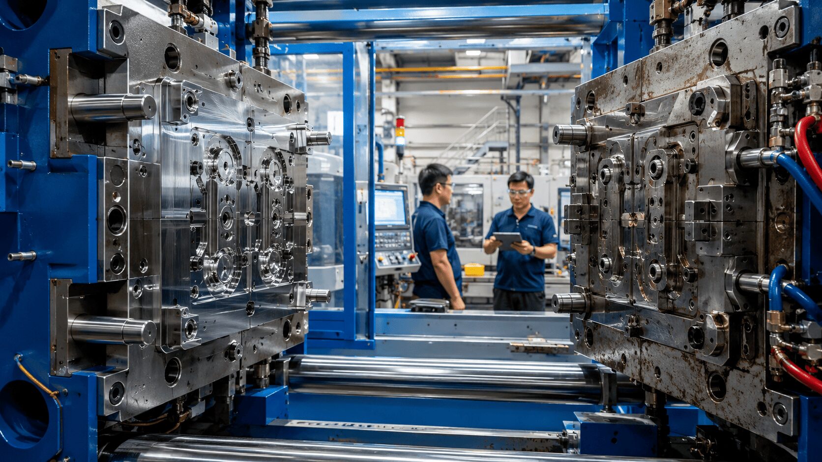 Industrial mold assembly in modern factory.
