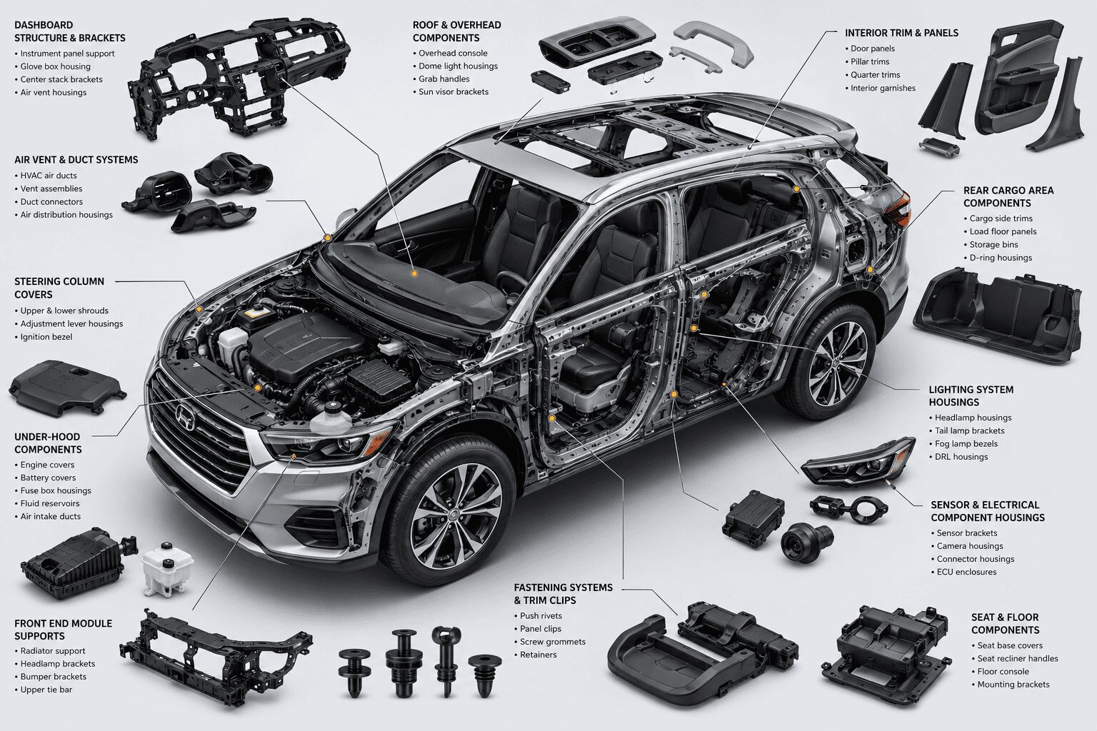 Plastic components of a modern vehicle.