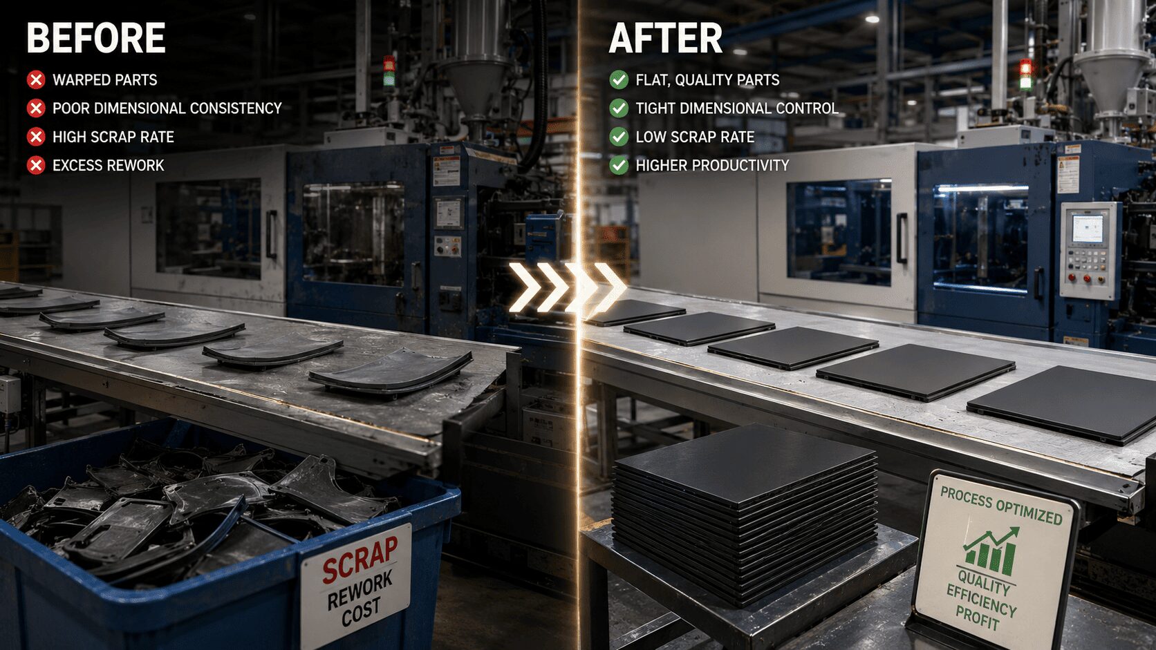 Side-by-side comparison of injection molding production line.