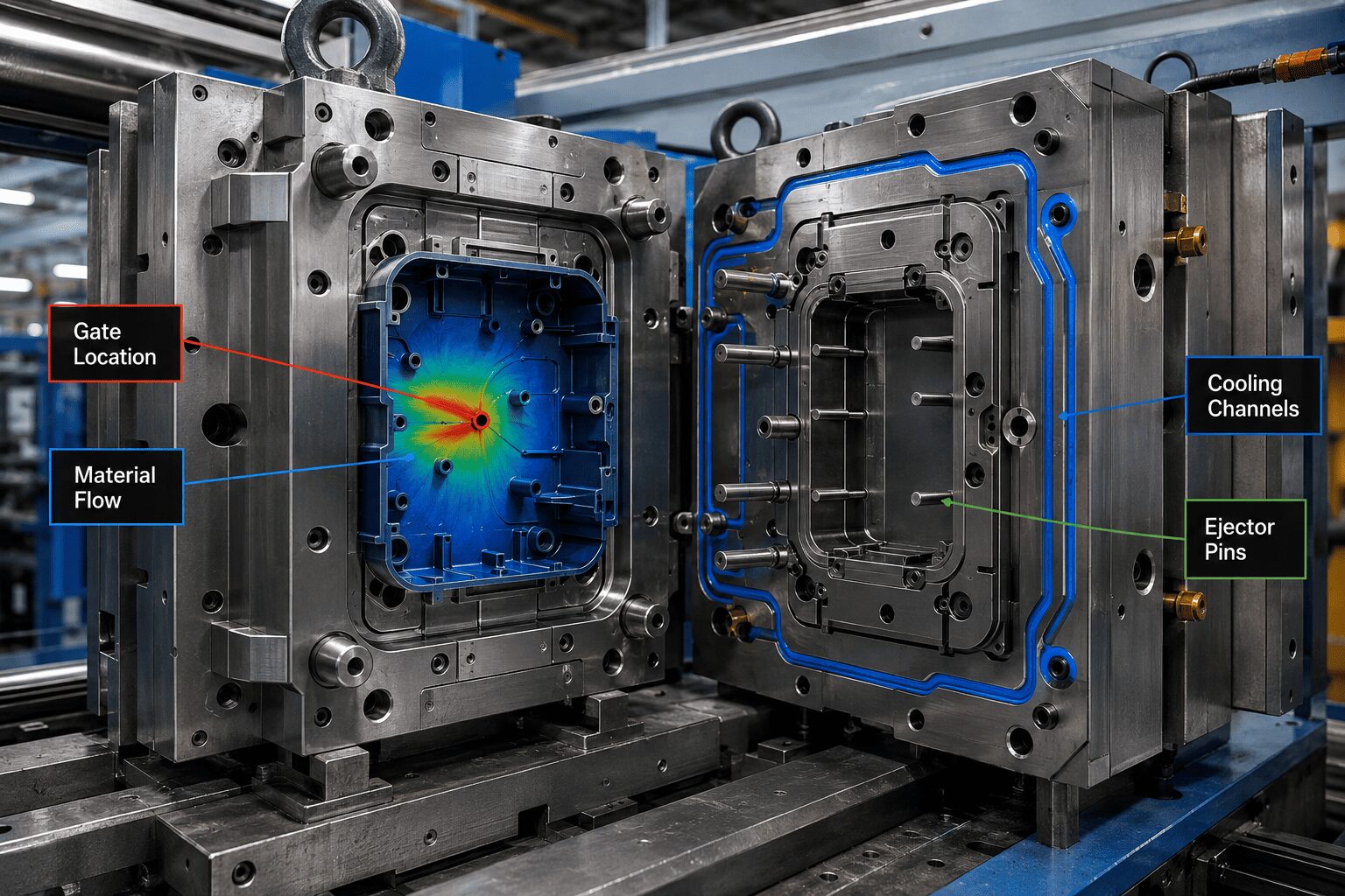 Large precision steel injection mold opened on a molding machine.