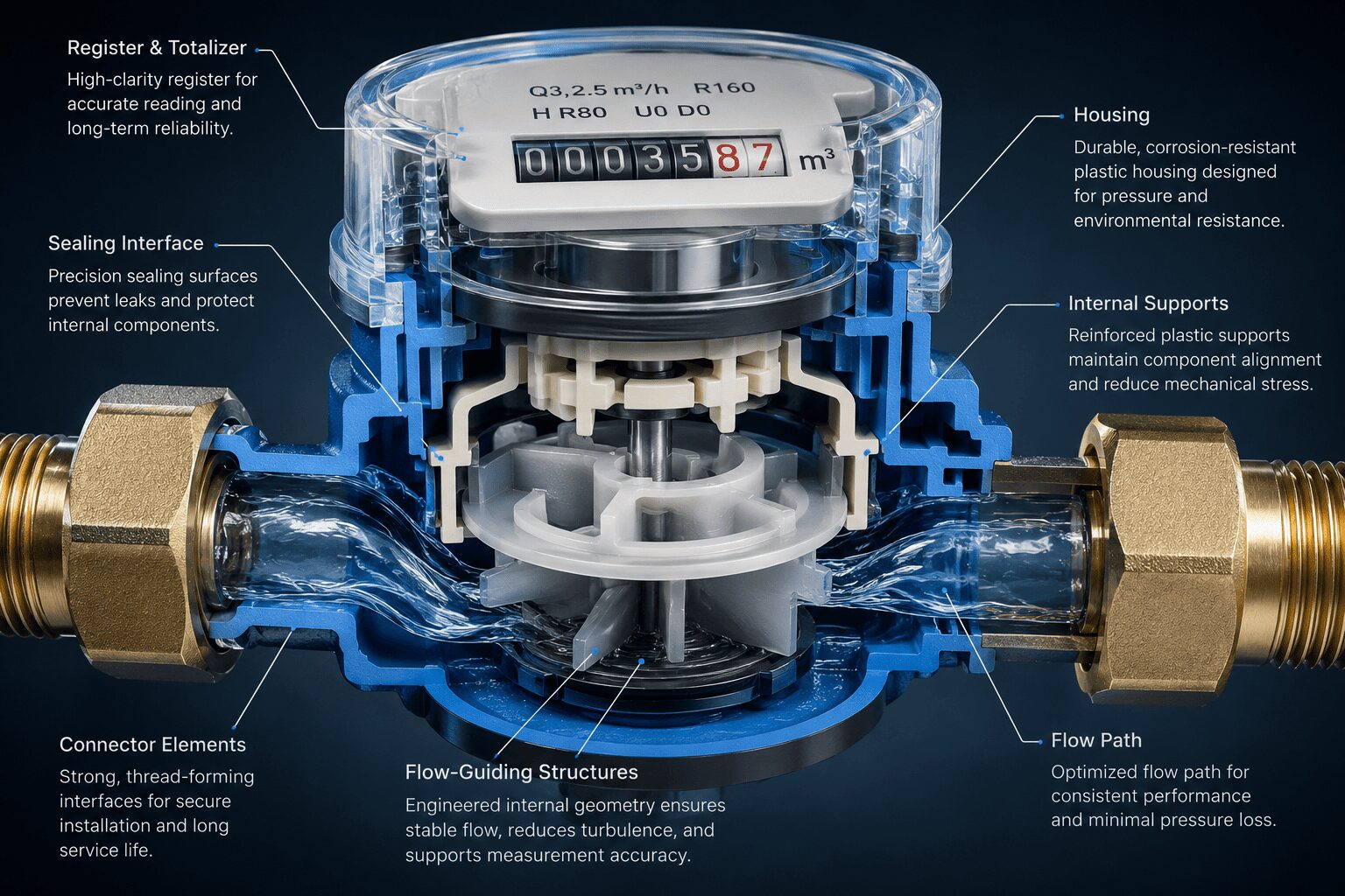 Water meter technical cutaway diagram.