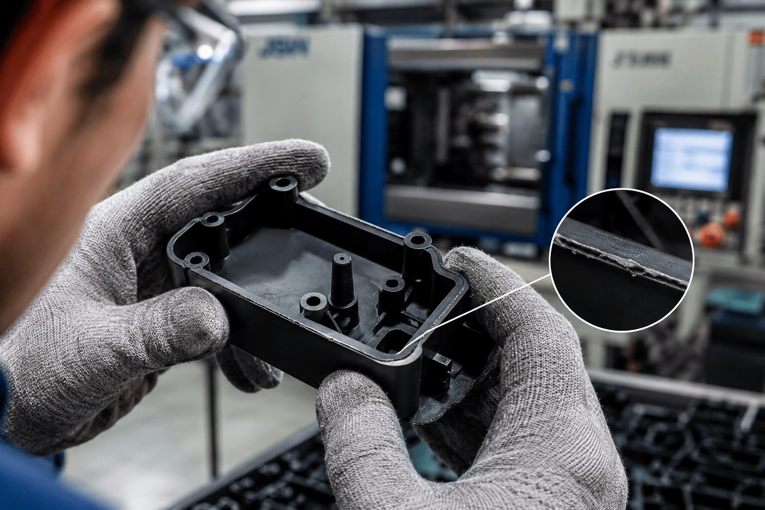 Inspecting plastic part in workshop.