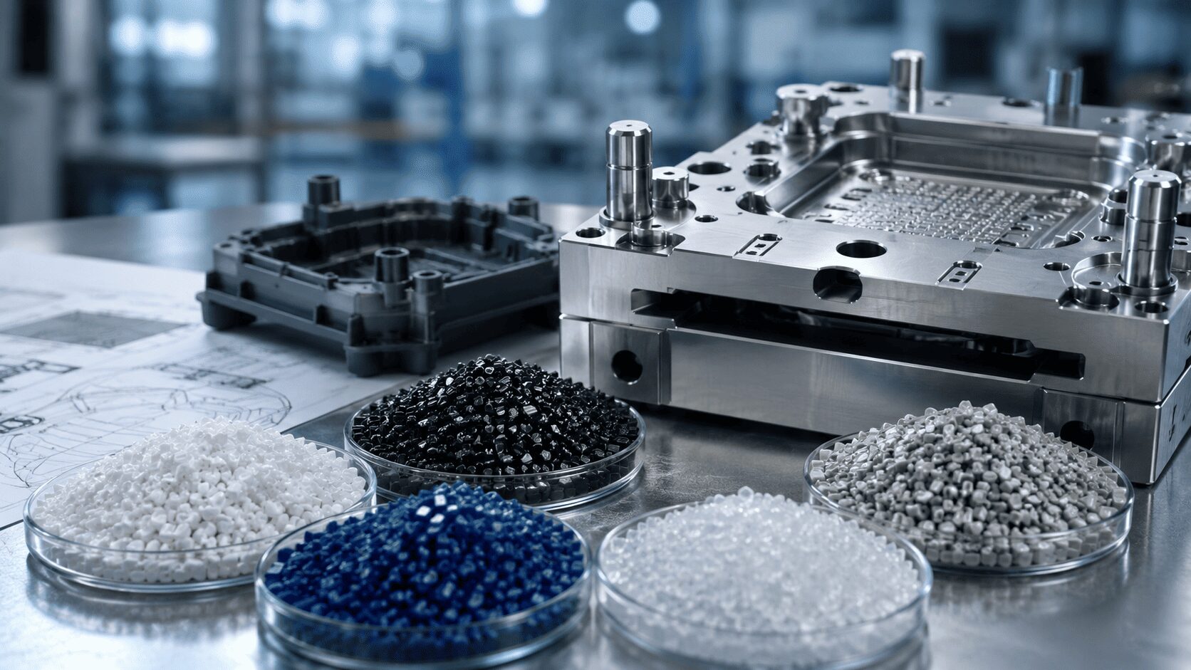 Multiple engineering plastic resin pellets (PP, ABS, PC, PA, POM) arranged beside a precision steel injection mould.
