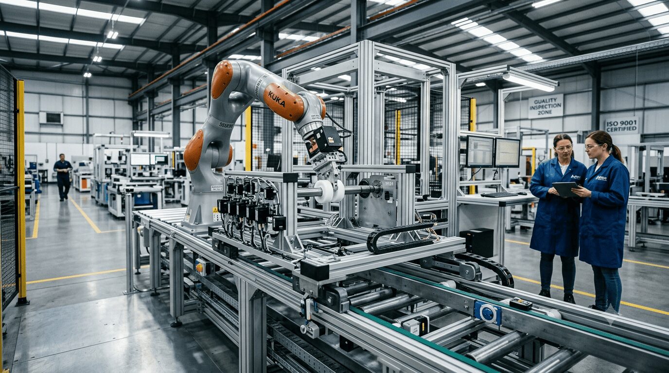 Robotic arm assembling industrial equipment with precision plastic components.