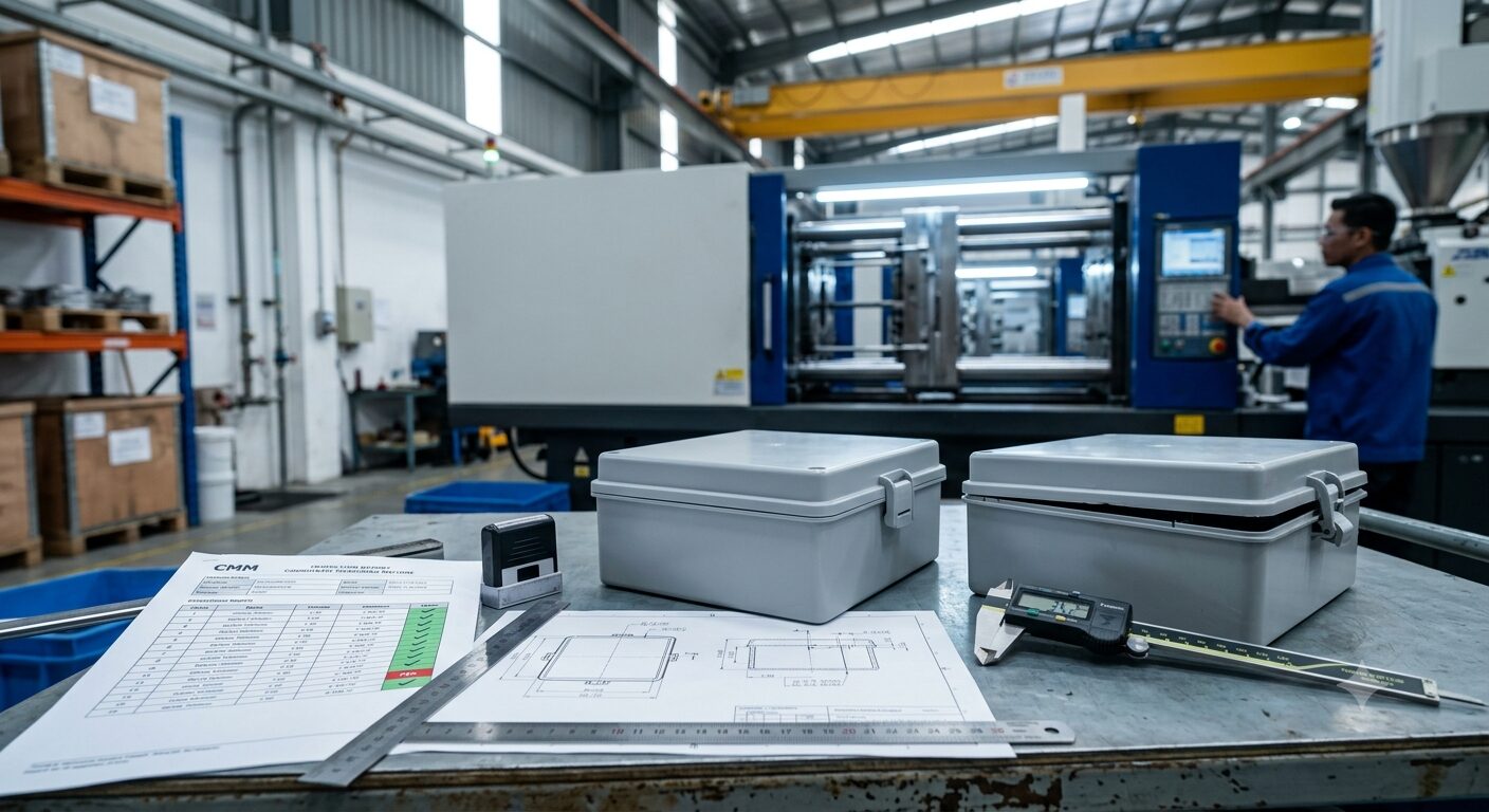 Grey polypropylene electrical enclosure housing displayed on an engineering workbench.