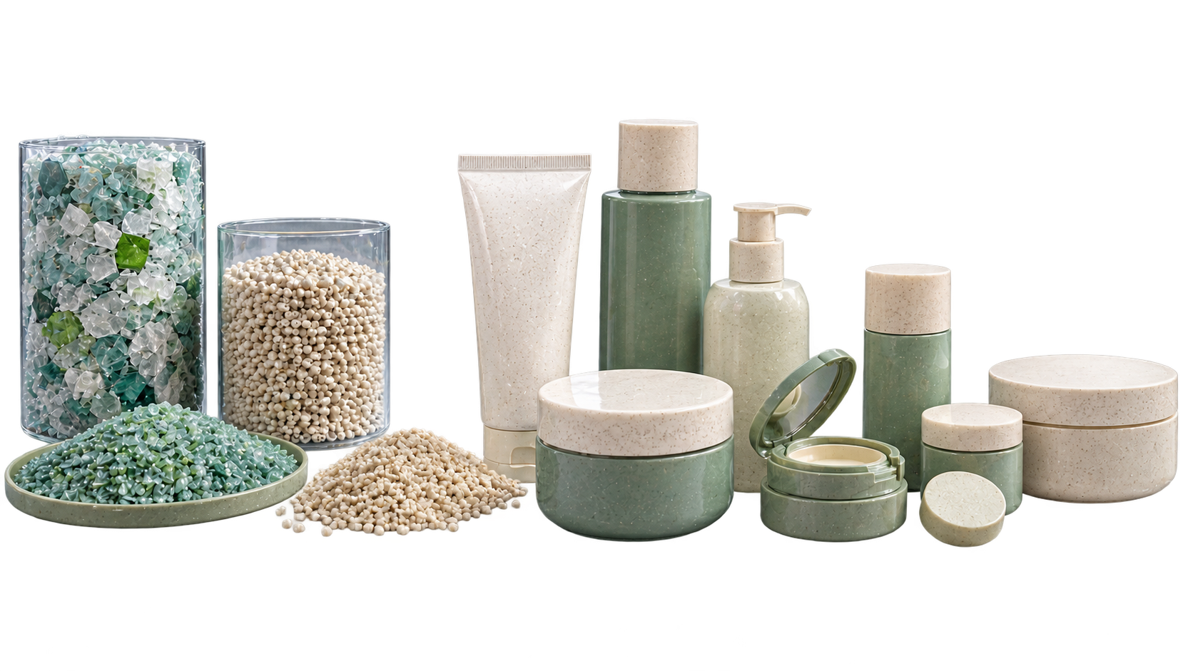 Transformation from post-consumer recycled plastic into high-end beauty packaging.