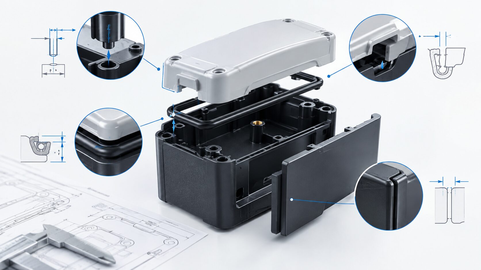 Engineering cutaway of an injection-moulded plastic assembly demonstrating functional tolerancing.
