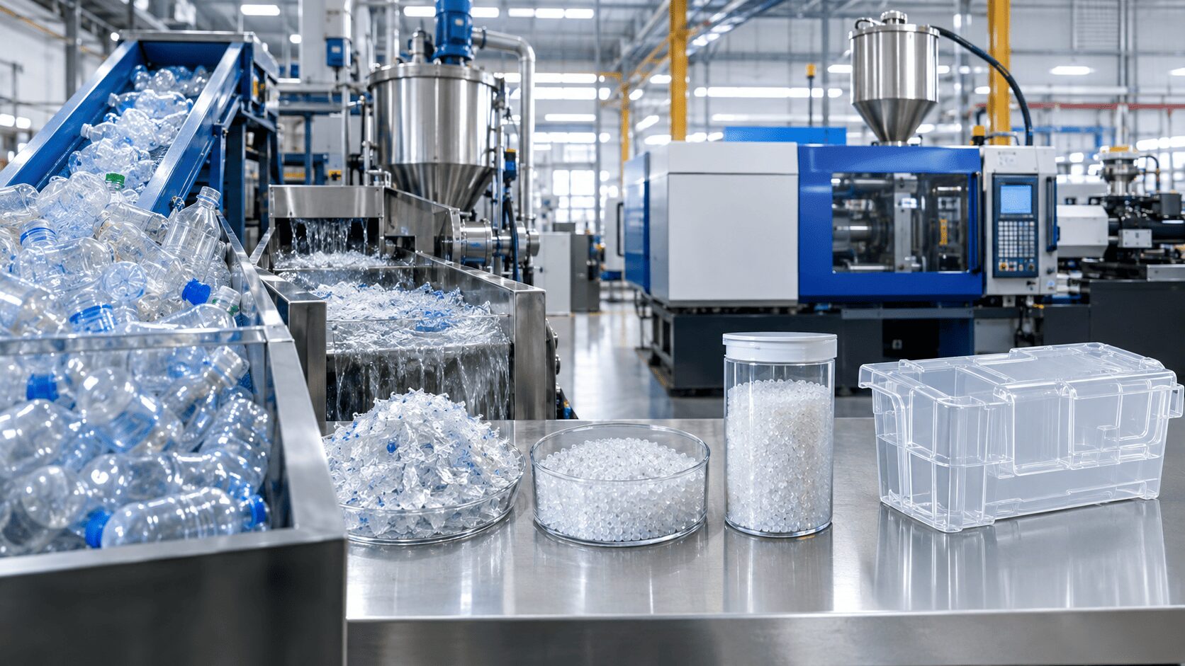 Transformation of post-consumer PET bottles into a finished injection-molded plastic component.