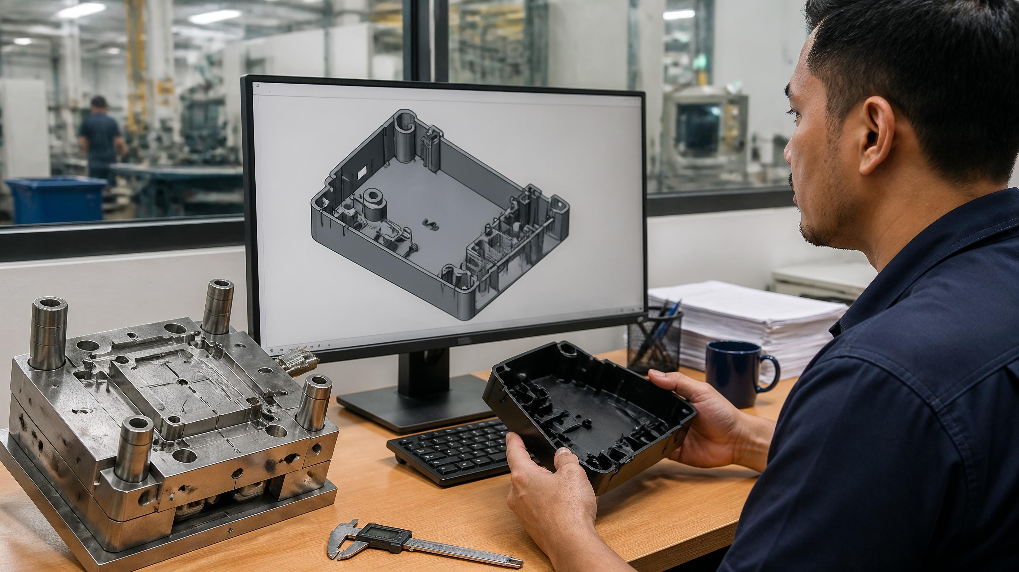 Industrial designer evaluating a plastic injection-moulded housing before tooling begins.