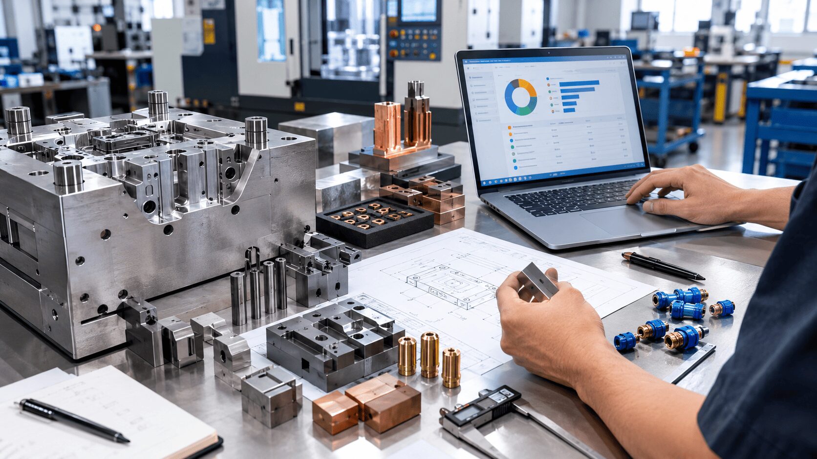 Injection mould quotation being analysed through physical and digital evidence.
