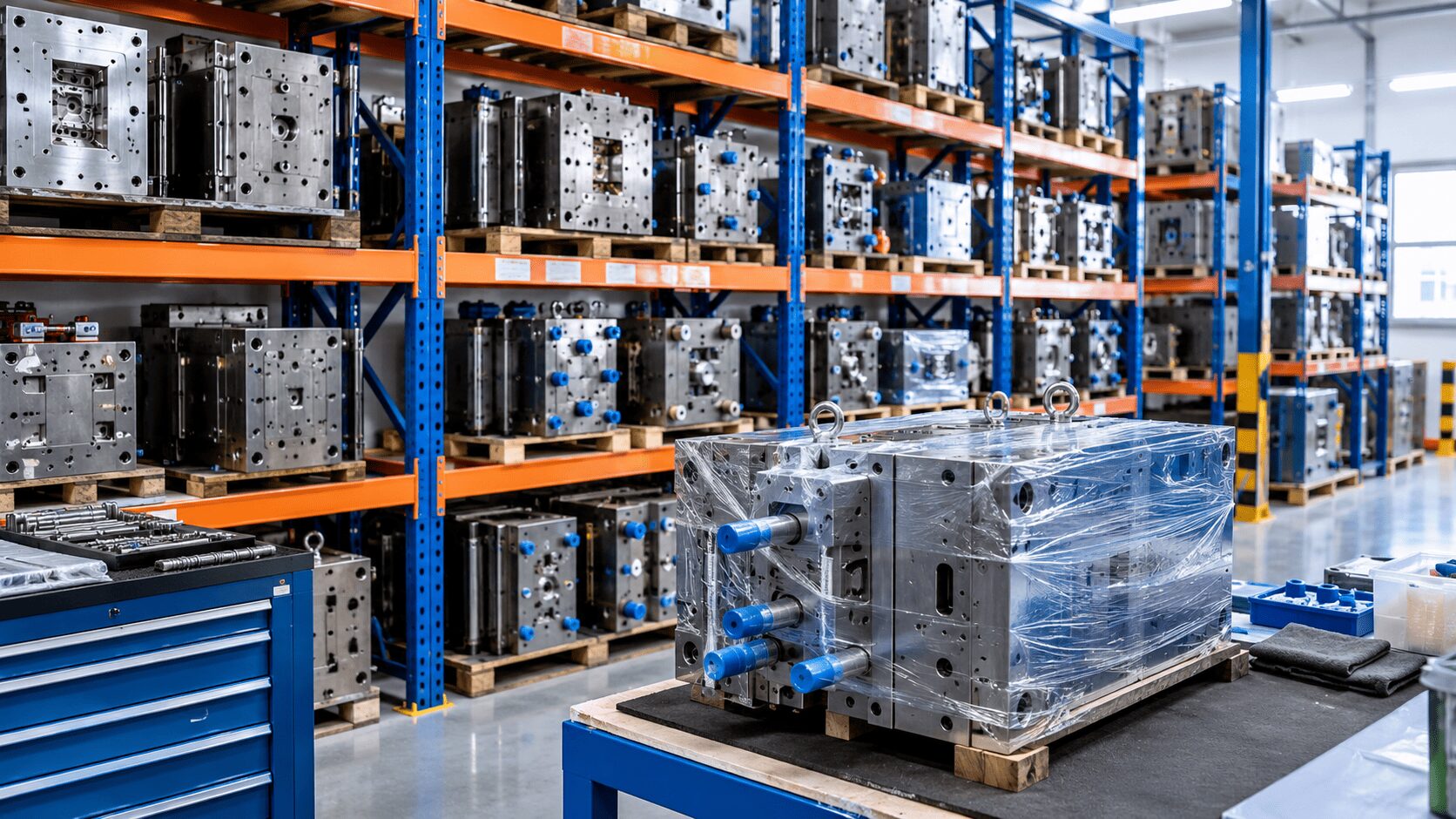 Organised injection mould storage area inside a professional Malaysian tooling facility.