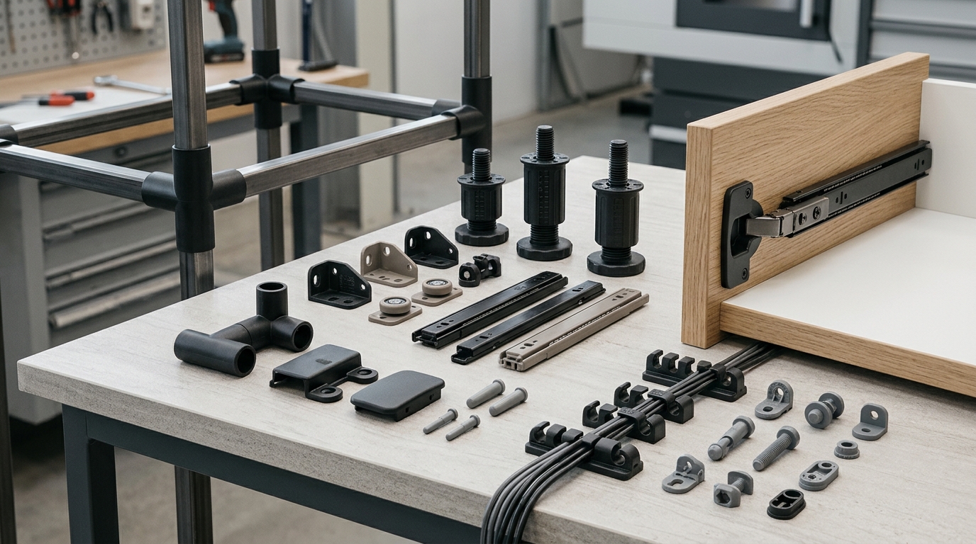 Injection-moulded plastic furniture hardware components.