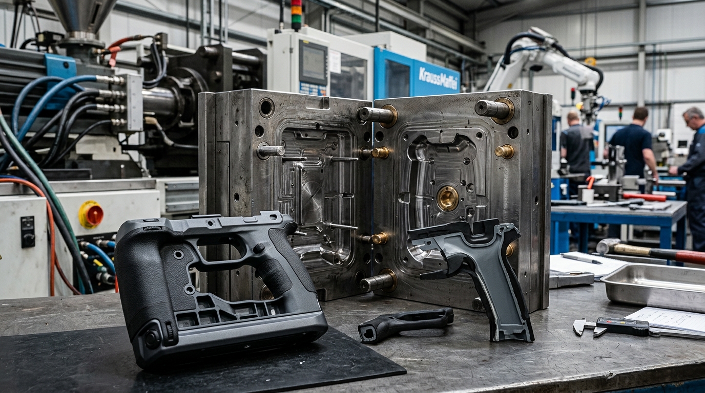 A production-ready overmolded plastic component.